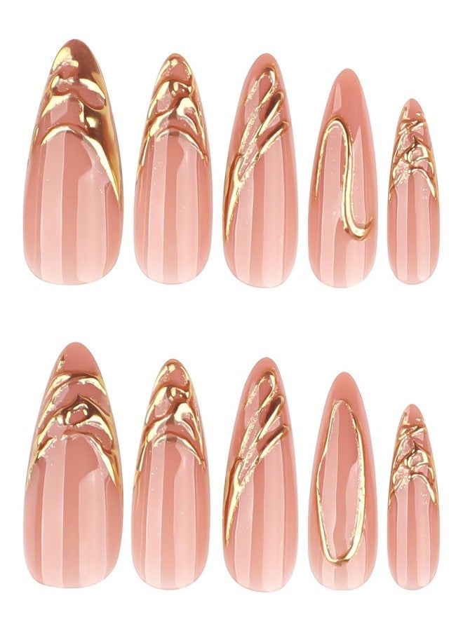RikView Almond Press on Nails Short Fake Nails Golden & Pink Acrylic Nails with 3D Design Glossy Full Cover Nails for Women 24 PCs/Set - Image 3